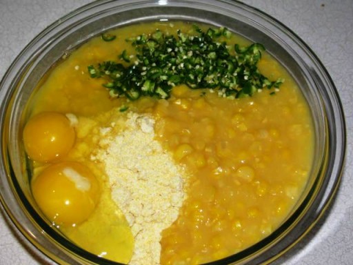 Food 020 All the parts together here: Mix, eggs, creamed corn and diced chilis